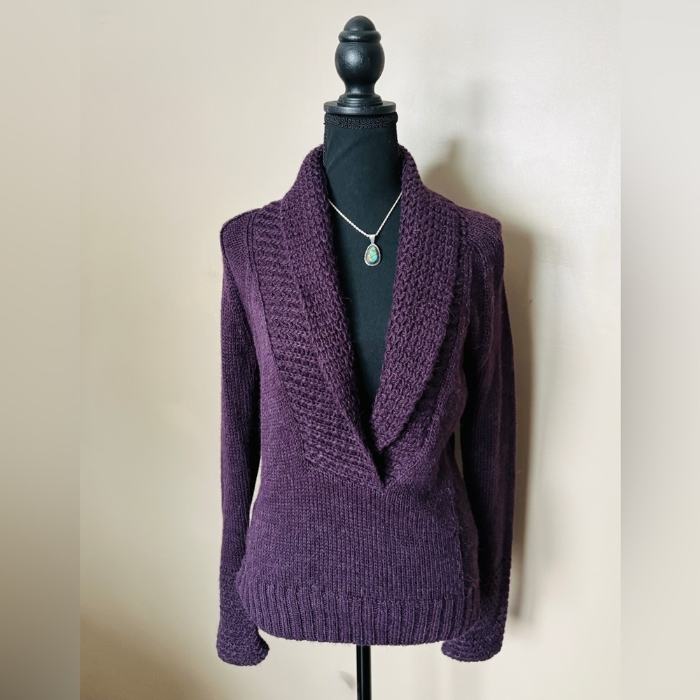 LOFT sweater Alpaca Blend Deep Plum Shawl Collar V-Neck Pullover Sz S NWOT